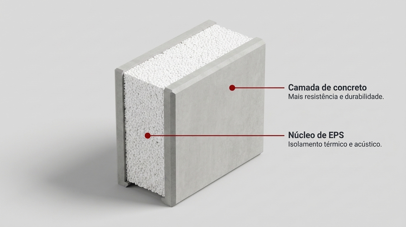 Bloco de concreto Fortplac com núcleo de EPS: camada de concreto para mais resistência e durabilidade, núcleo de EPS para isolamento térmico e acústico