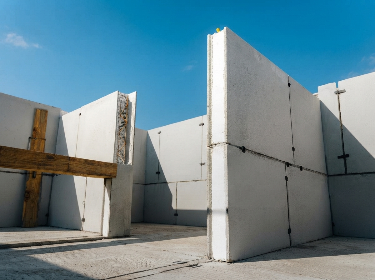 Painéis Fortplac 13 cm em montagem na obra — núcleo de EPS entre faces de concreto