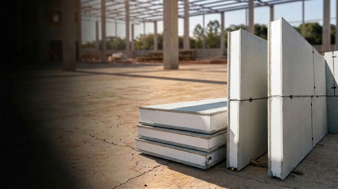 Canteiro de obras com blocos de concreto com núcleo de EPS — Tecnologia que constrói melhor